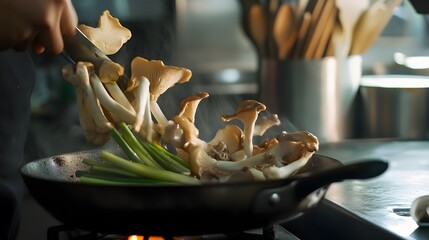 Mushrooms and green onions are being sauteed in a pan.