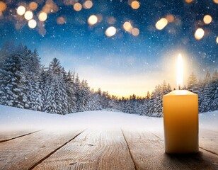 Wall Mural - christmas candle in winter snow landscape with magic lights xmas panorama banner first advent sunday wood background with copy space