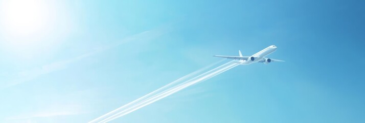 White passenger airplane is flying high in the blue sky, leaving a trail of white smoke behind it. The sun is shining brightly in the sky