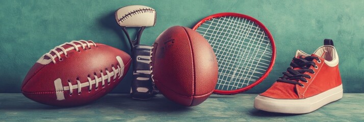 Sticker - A collection of sports equipment including balls, a racket, and a sneaker on a textured background.