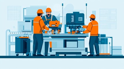 Illustration of factory workers in safety gear operating machinery in an industrial setting, highlighting teamwork and precision.