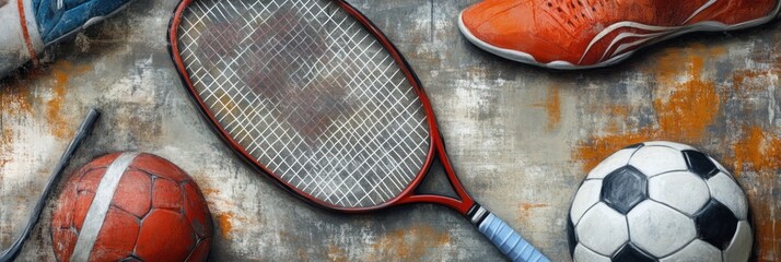 Canvas Print - A collection of sports equipment including a tennis racket, soccer ball, and basketball.