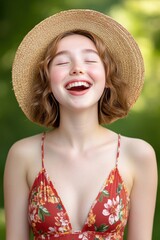 Young woman in floral dress and straw hat laughing joyfully outdoors, AI