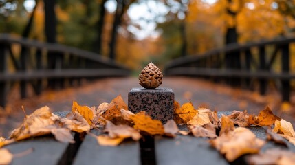 Poster - Autumnal Pine Cone on a Stone in a Park with Fallen Leaves and a Bridge in the Background