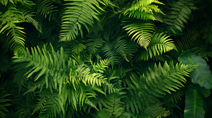 Tropical rainforest background with lush green fern leaves. Lush Rainforest. Illustration