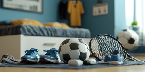 Canvas Print - A sports-themed room featuring soccer equipment and athletic shoes.