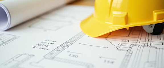yellow protective helmet lies on a sketch of plans for construction, project drawing, architectural project, construction site, industrial background