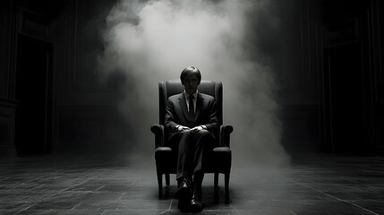 Mysterious Man in Suit Sitting in a Chair with Smoke, dark, shadowy, silhouette, enigmatic, businessman