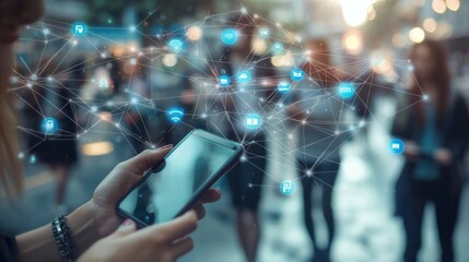 Wall Mural - people on smartphones with international communication icons connecting them