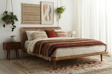 Serene Bohemian Bedroom, Rattan bed, layered textiles, and hanging plants create a tranquil escape