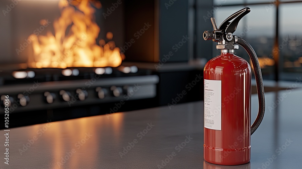 The fire extinguisher stands ready on the counter as flames erupt from ...