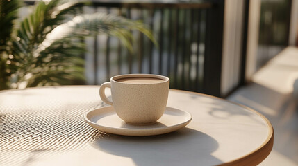 Wall Mural - A modern light beige ceramic cup of hot coffee on a wooden table on a balcony