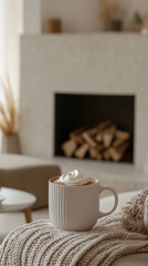 Wall Mural - A vertical photo of a hot chocolate mug with marshmallows in front of a fireplace in a cozy living room with light colors