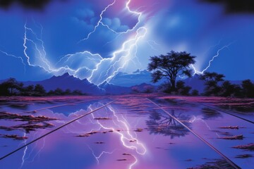 Wall Mural - purple lightning blue grid ground thunderstorm reflection landscape.