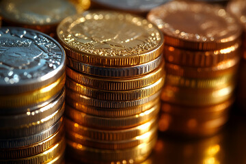 A close-up of stacked coins in various colors, showcasing their shiny surfaces and intricate designs, highlighting the theme of currency and finance.