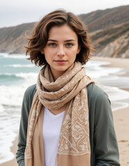 A young Caucasian woman with long, wavy brown hair wearing a beige scarf and a green jacket,The background is mountains and sea.