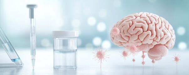 A stylized representation of a brain next to a vial and pipette, symbolizing scientific research in neuroscience and health.