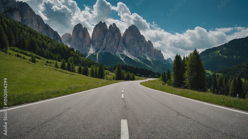 Road in green forest in rainy summer day Dolomites Italy Beautiful ...