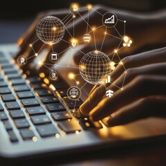 Wall Mural - diverse hands typing on a keyboard with global network icons above