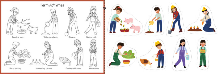 Wall Mural - Cut and glue game with cute kids making different farm activities. Matching educational activity page for kids. Game for school and preschool. Vector illustration