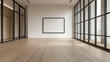 © Jirut - A minimalist, modern empty room with light wooden floors and a pristine white wall. with an empty white board mockup with thin black wooden frame on the corner of the window