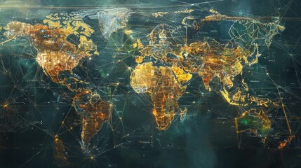 Wall Mural - a digital map of the world with international trade routes highlighted