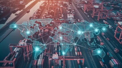 Wall Mural - aerial view of international shipping containers at a busy global port people using smartphones with
