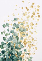 Floral illustration with gold branches and green leaf borders, suitable for wedding stationary, greetings cards, wallpapers, fashion, backgrounds. Eucalyptus, olive, green leaves.