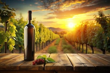 A bottle of wine sitting on a rustic wooden table in a quiet vineyard at sunset with golden light filtering through the trees, table, wooden, vineyard, sunset, countryside