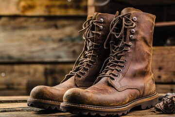 Military Boots: Old Leather Combat Pair on Wooden Table with Retro Army Style