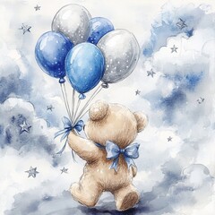 Wall Mural - Baby shower, birthday clipart with a cute teddy bear flying with hot air balloons. Watercolor hand drawn poster with white isolated background.