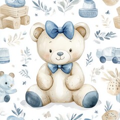 Wall Mural - The seamless pattern features a teddy bear, a toy ball, and a cube block. The illustration is drawn by hand in watercolor over a white isolated background. It could be used as wrapping paper for a