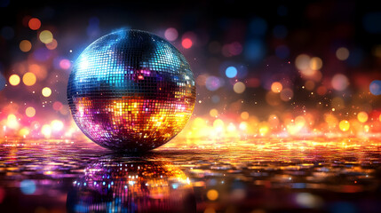 Poster - Disco Ball 3D Render with Colorful Bokeh Background