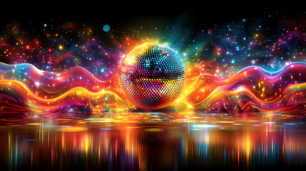 Poster - Abstract Background with Disco Ball and Glowing Waves