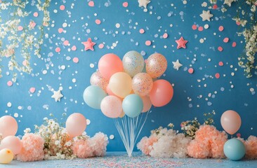 Pastel balloon and confetti decor for a festive event in a bright setting