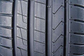 Detailed close up of tread pattern on new summer car tire