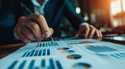 Business professional analyzing financial data with charts and graphs in a modern office during the afternoon