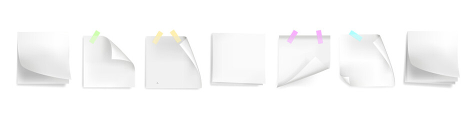 Fototapete - Empty pages of sticky notes for memos. Vector isolated set of realistic pages from books or sketchbooks. Office and school supplies, business stationery. Copy space on sheets for documents