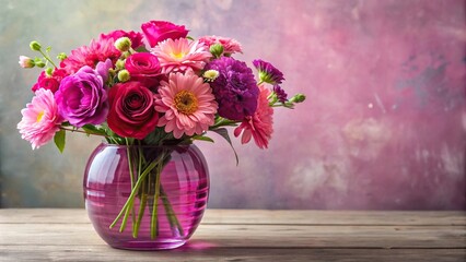 A close-up of a fuchsia-colored glass vase filled with fresh flowers that appear to be dripping from the edges, flowers, glass, water, vase, refined