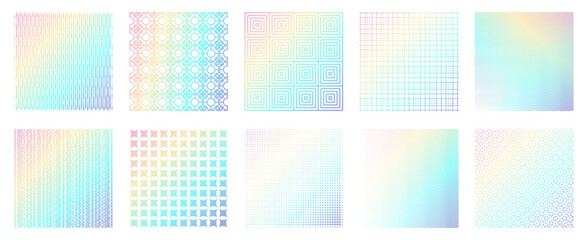 Rainbow gradient texture, isolated set of hologram effects. Vector seamless pattern prints with squares and geometric circle. Retro or futuristic design for flyers or cards background label