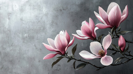 Beautiful magenta pink magnolia flowers pon grey background as wallpaper illustration with copy space, Elegant pink white magnolia flower