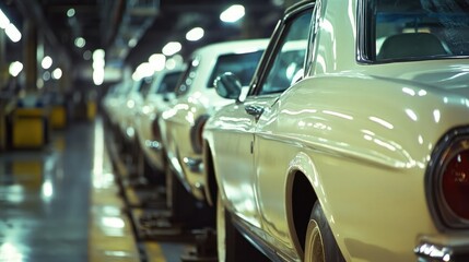 White Cars on Production Line in Automotive Factory