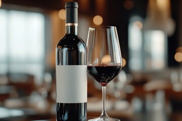 A red wine bottle stands beside a filled wine glass in a dimly lit interior, exuding warmth and indulgence, inviting thoughts of relaxation and sophistication.