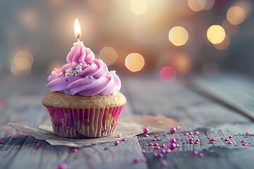 Festive Birthday Cupcake with Lit Candles and Room for Text Space.