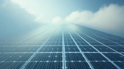 Solar panel array under a blue sky, renewable energy.