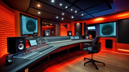 Modern recording studio with a large mixing console, red lighting, and acoustic panels on the walls.