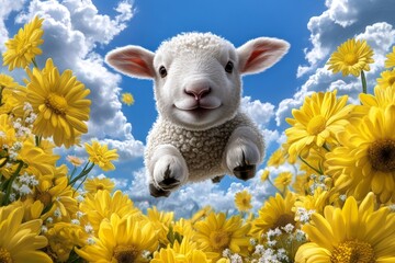 a 2D cartoon illustration of a jumping lamb in a meadow playful and cute white background