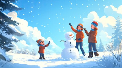 Cartoon family playing in the snow, building a snowman, with plenty of copy space for text