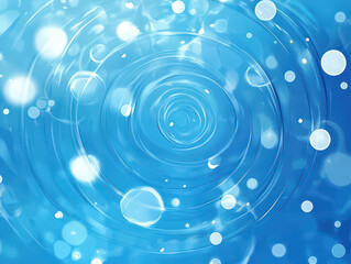 Abstract water ripple effect with white circular bokeh on a vibrant blue background.