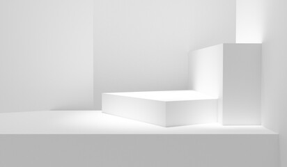 Poster - White geometric forms abstract background. White forms table empty copy space abstract display illuminated with spotlights - best place for products and background. White room table bright design